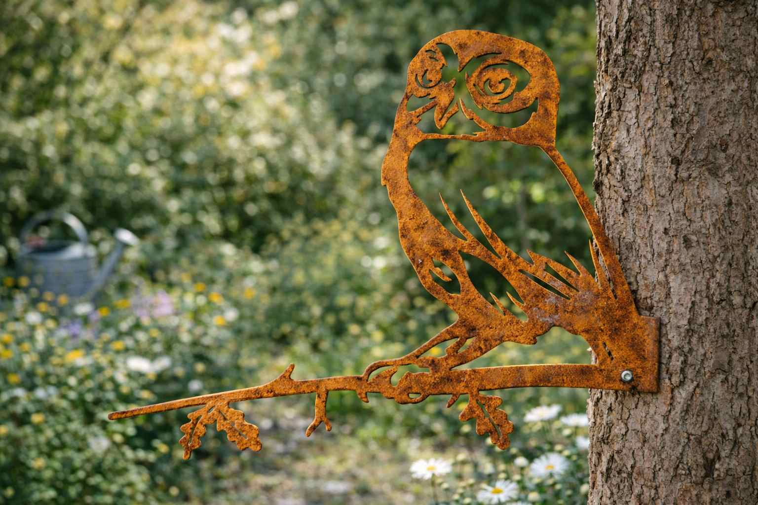 Käutzchen aus Edelrost aus 2 mm Stahl als Gartendekoration an Baumstamm
