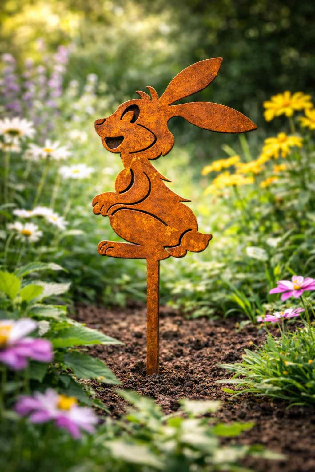 Gartenstecker Osterhase aus Edelrost aus 2 mm Stahl als Dekoration im Blumenbeet