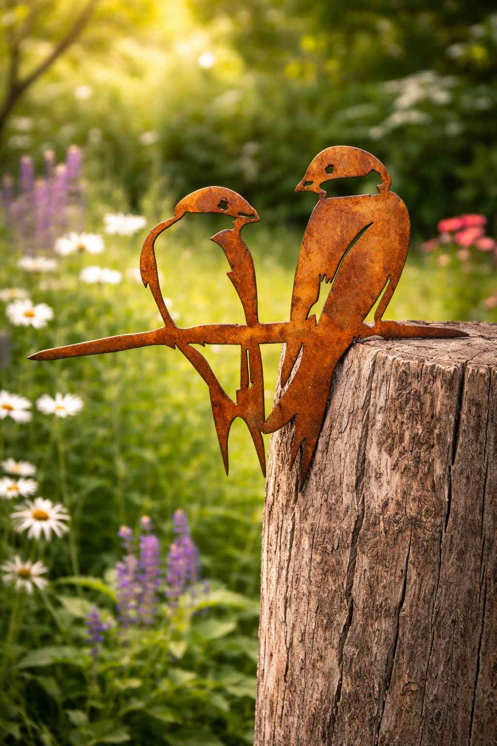 Zwei filigrane Schwalben aus Edelrost als Baumstecker. Naturnahe, pflegefreie Gartendeko zum Einschlagen in Baum oder Pfahl – handgefertigt in Deutschland.