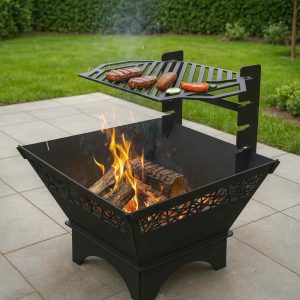Quadratischer Grill aus Stahl mit Grillrost als Feuerstelle und Holzkohlegrill für Garten und Terrasse
