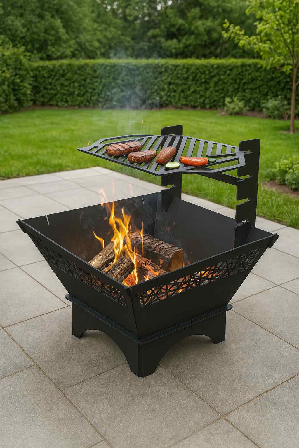 Quadratischer Grill aus Stahl mit Grillrost als Feuerstelle und Holzkohlegrill für Garten und Terrasse