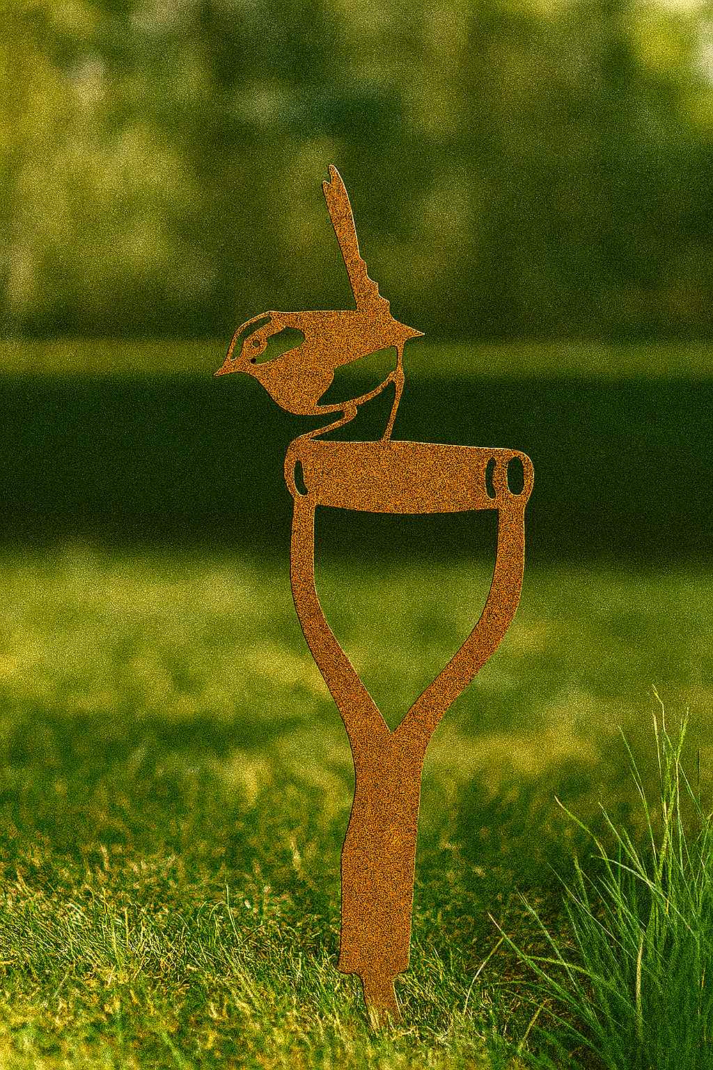 Edelrost Vögelchen auf Schaufelstiel, filigrane Gartenfigur aus rostendem Stahl – handgefertigte, wetterfeste Rostdeko für Garten, Beet und Rasen.