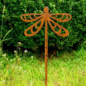 Gartenstecker Libelle aus Edelrost aus 2 mm Stahl als Gartendekoration im Beet oder Rasen
