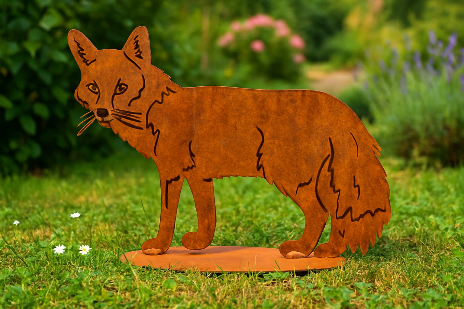 Fuchs aus Edelrost auf Grundplatte – dekorative Tierfigur für Garten und Terrasse.