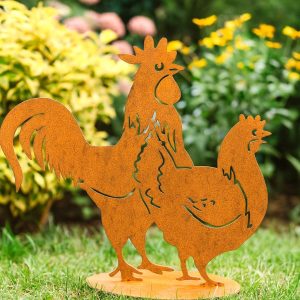 Hahn und Henne aus Edelrost auf Grundplatte – rustikale Gartendeko für Garten, Hof und Hauseingang.