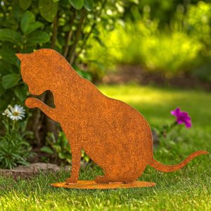 Sich putzende Katze aus Edelrost – dekorative Katzenfigur für Garten und Terrasse mit natürlicher Rostpatina.