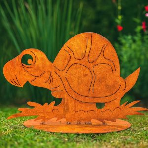 Edelrost Schildkröte Gartenfigur aus rostendem Stahl mit Bodenplatte – witzige, wetterfeste Gartendeko für Rasen, Beet und Terrasse.