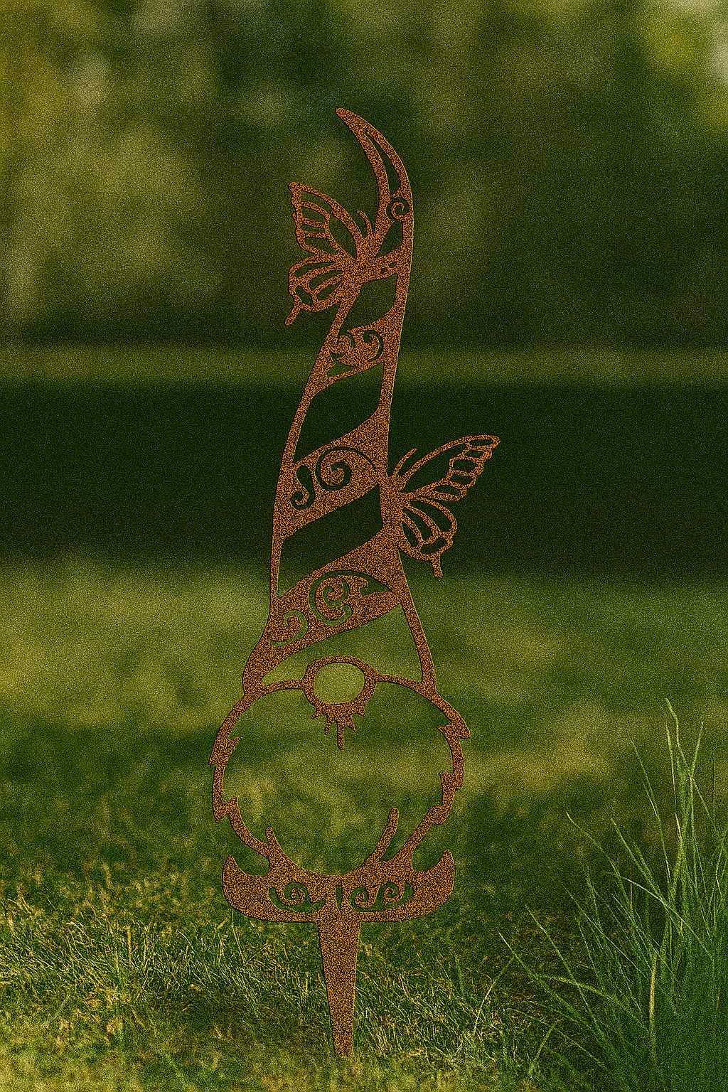 Edelrost Schmetterlingsgnom Lasse, Gartenfigur aus rostendem Stahl mit verzierter Mütze & zwei Schmetterlingen – handgefertigte, wetterfeste Rostdeko für Garten, Beet & Terrasse.