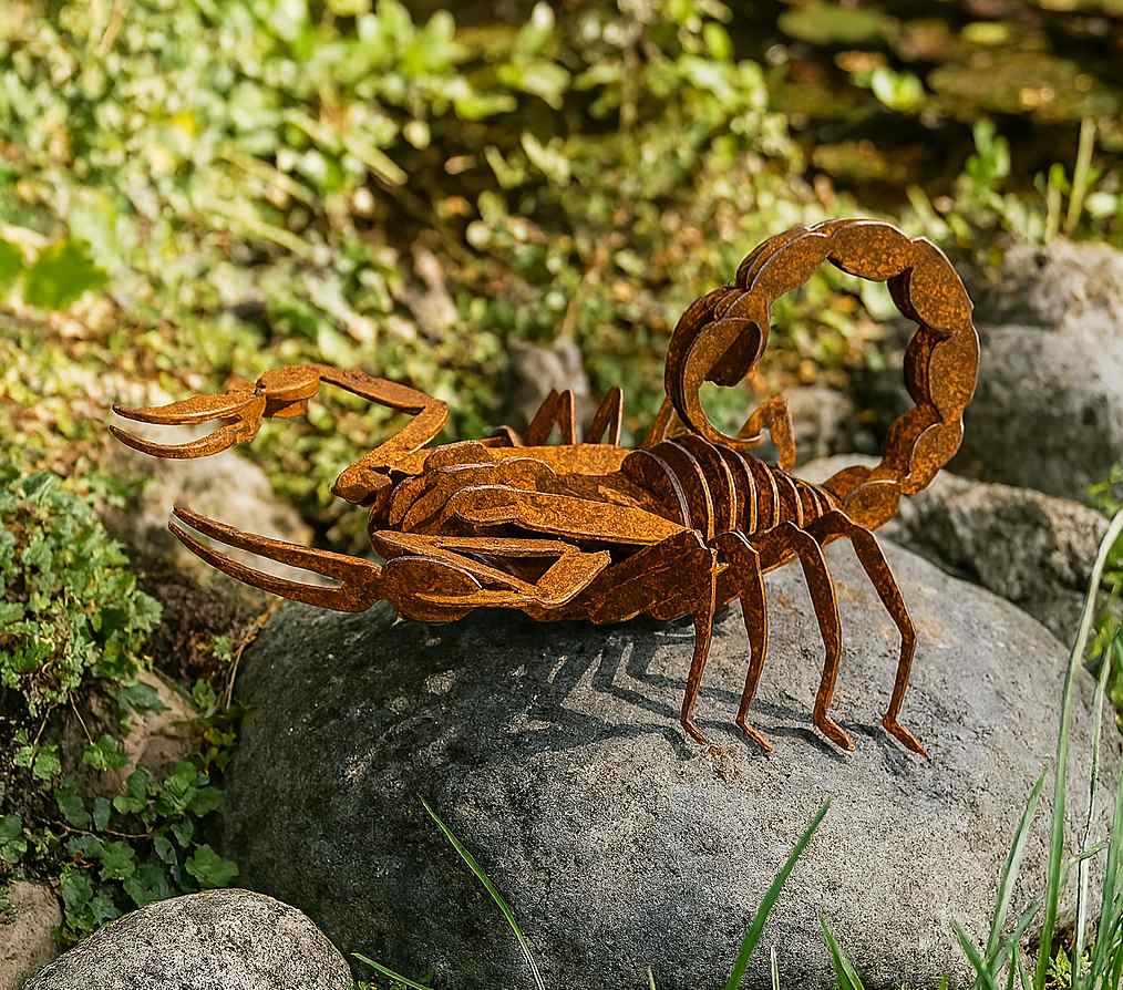 Skorpion 3D aus Edelrost als Metall Gartenfigur auf Naturstein im Garten