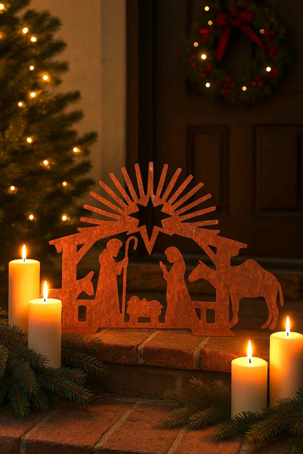 Weihnachtskrippe aus Edelrost mit Stern und Figuren im Garten