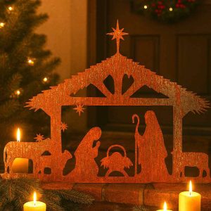 Weihnachtskrippe aus Edelrost mit Stern von Bethlehem im Garten