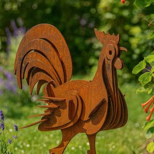 Stolzer Edelrost Hahn 3D aus massivem Stahl als standfeste Gartenfigur mit breiten Krallen