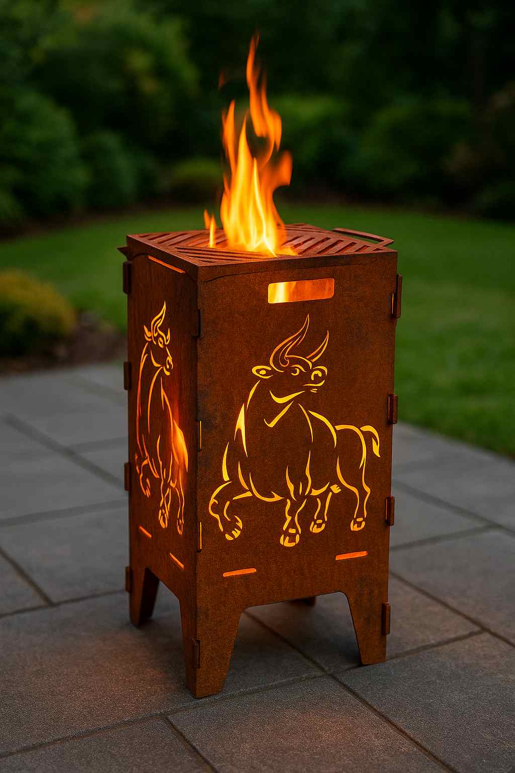 Feuerkorb Bulle aus 3 mm Stahl mit Edelrostpatina und Bullen-Motiv – handgefertigter Feuerkorb von Blechstahlwerkle für Garten und Terrasse
