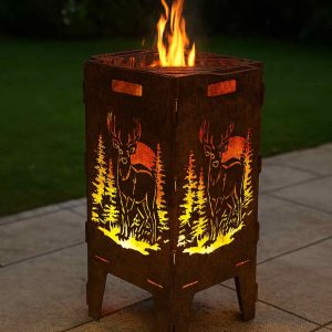 Feuerkorb Hirsch aus 3 mm Stahl mit Edelrostpatina und Hirsch-Waldmotiv – handgefertigter Feuerkorb von Blechstahlwerkle für Garten und Terrasse