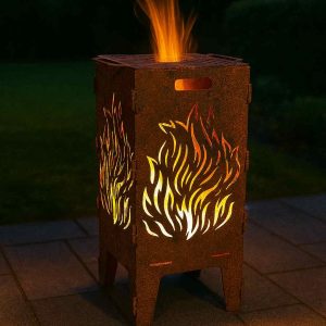 Feuerkorb Flammen aus 3 mm Stahl mit Edelrostpatina und Flammenmotiv – handgefertigter Feuerkorb von Blechstahlwerkle für Garten und Terrasse