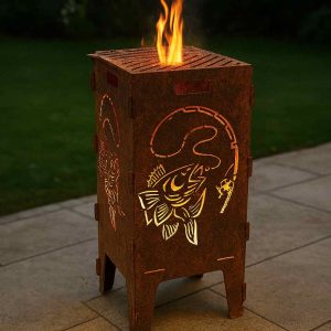 Feuerkorb Angeln aus 3 mm Stahl mit Edelrostpatina und Fisch-und-Rute-Motiv – handgefertigter Feuerkorb von Blechstahlwerkle für Garten und Terrasse