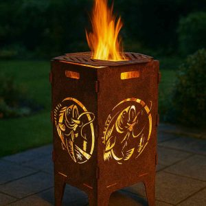 Feuerkorb Angeln 3 aus 3 mm Stahl mit Edelrostpatina und Fischmotiv – handgefertigter Feuerkorb von Blechstahlwerkle für Garten und Terrasse