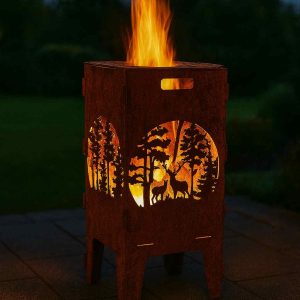 Feuerkorb Wald aus 3 mm Stahl mit Edelrostpatina und Waldmotiv mit Wildtieren – handgefertigter Feuerkorb von Blechstahlwerkle für Garten und Terrasse