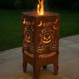 Feuerkorb Halloween aus 3 mm Stahl mit Edelrostpatina und leuchtendem Kürbismotiv – handgefertigter Feuerkorb von Blechstahlwerkle für Garten und Terrasse
