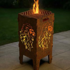 Feuerkorb Löwe aus 3 mm Stahl mit Edelrostpatina und Löwenmotiv – handgefertigter Feuerkorb von Blechstahlwerkle für Garten und Terrasse