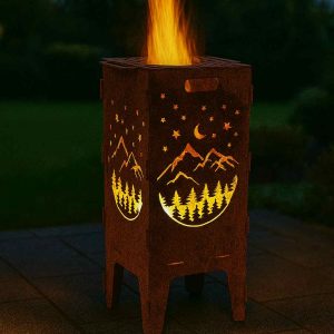Feuerkorb Berge aus 3 mm Stahl im Edelrost-Design mit Alpenmotiv und Sternenhimmel – handgefertigte Outdoor Feuerstelle von Blechstahlwerkle