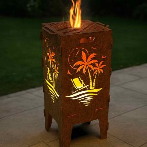 Feuerkorb Strand aus 3 mm Stahl im Edelrost-Design mit Palmen- und Liegestuhlmotiv – handgefertigte Outdoor Feuerstelle von Blechstahlwerkle