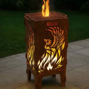 Feuerkorb Phönix aus der Asche aus 3 mm Stahl im Edelrost-Design mit gelasertem Phönixmotiv – handgefertigte Outdoor Feuerstelle von Blechstahlwerkle