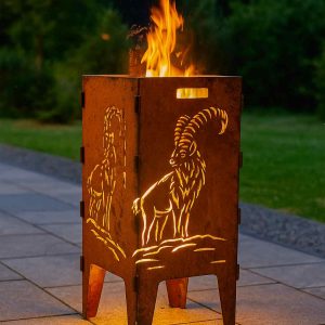 Feuerkorb Steinbock aus 3 mm Stahl im Edelrost-Design mit gelasertem Steinbock-Motiv – handgefertigte Feuerstelle von Blechstahlwerkle