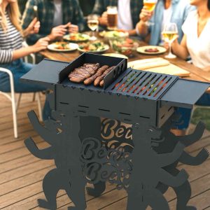 Berliner Bär Grill aus 3 mm Stahl mit Edelrostpatina – Design Holzkohlegrill mit Ablagen und Spießaufnahmen für Garten und Terrasse