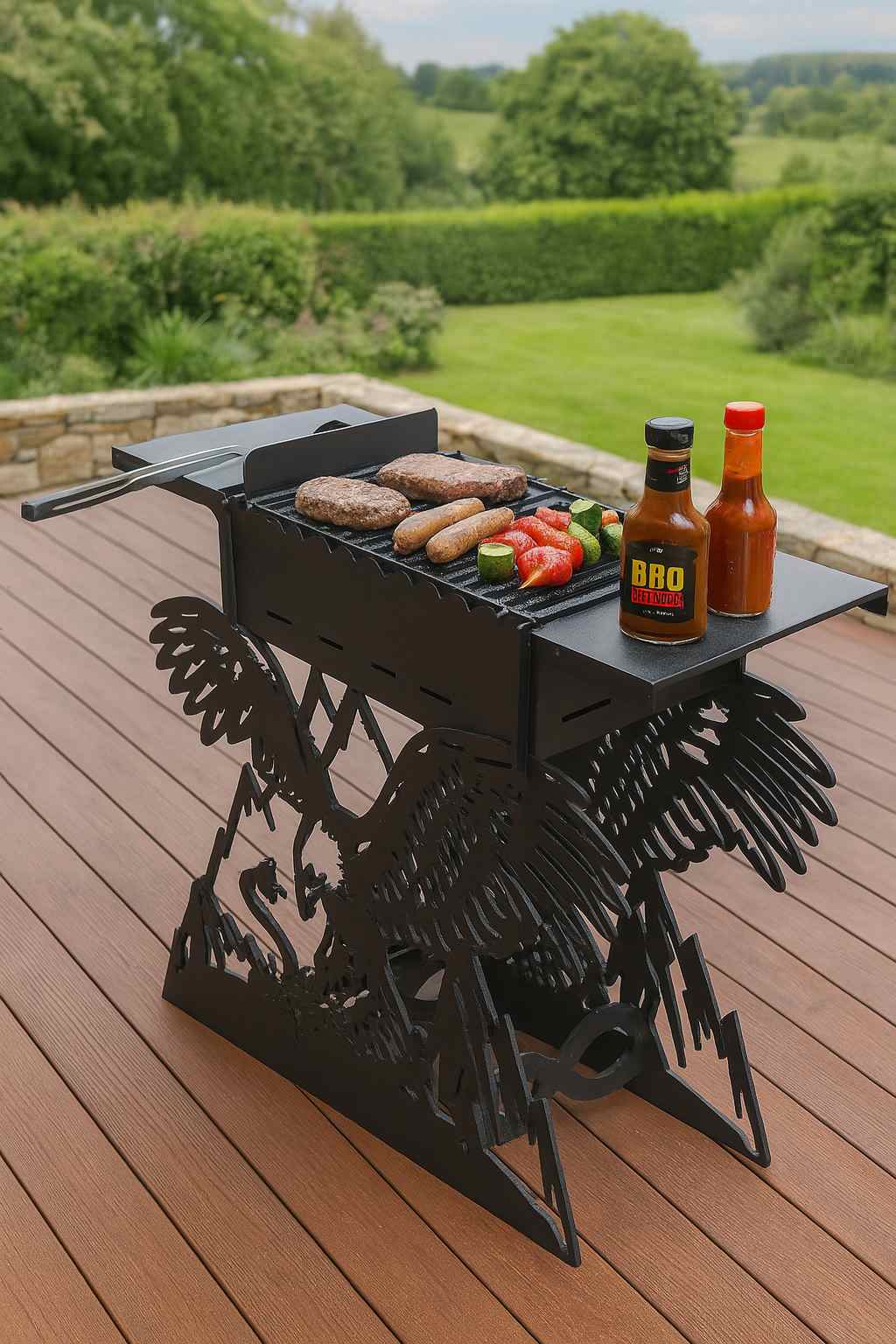 Adler Grill aus 3 mm Stahl mit Edelrostpatina – Design Holzkohlegrill mit Spießaufnahmen und Ablagen für Garten und Terrasse