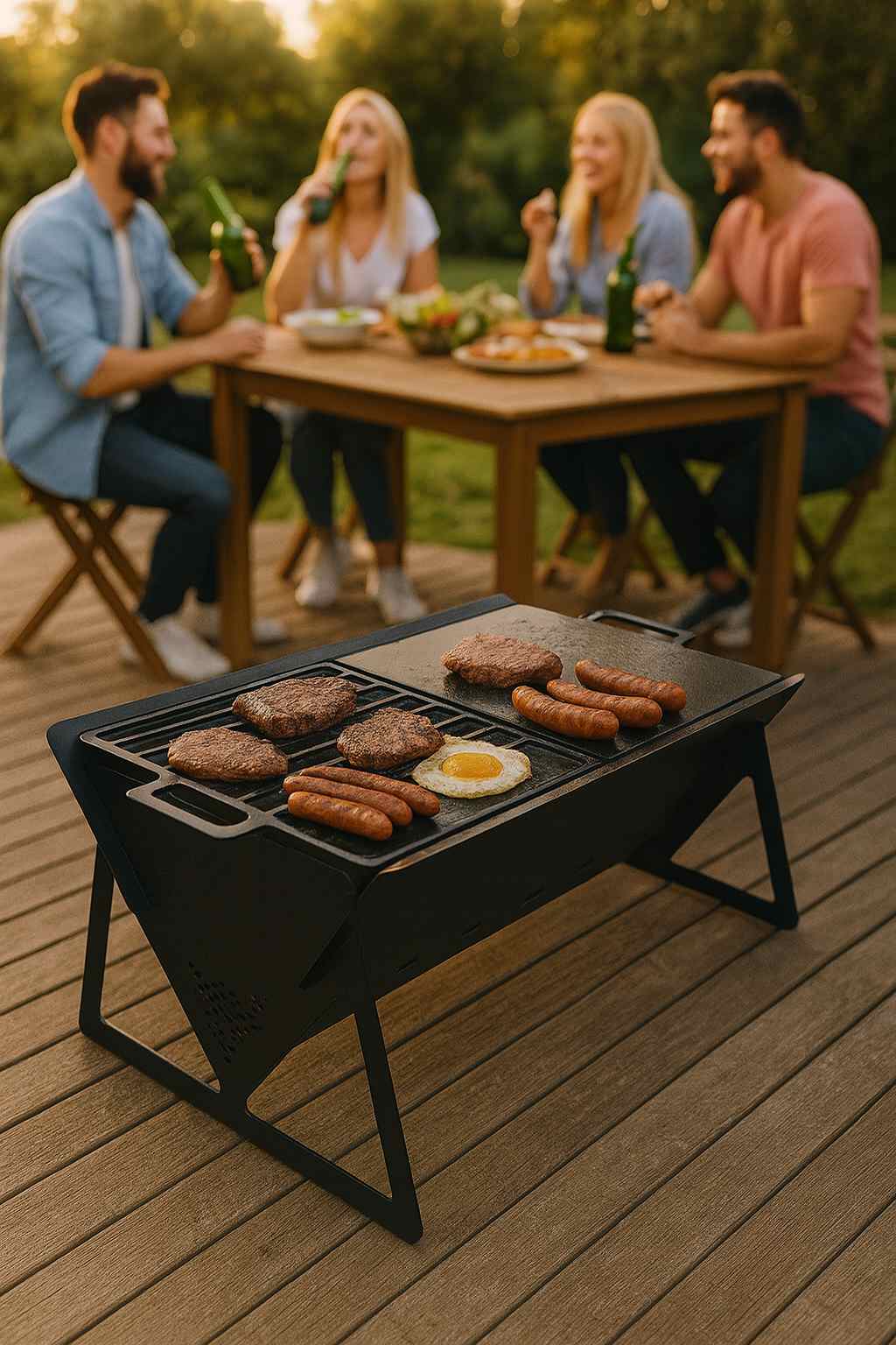 Großer Holzkohlegrill aus Stahl mit Grillrost und Grillplatte für Garten und Terrasse