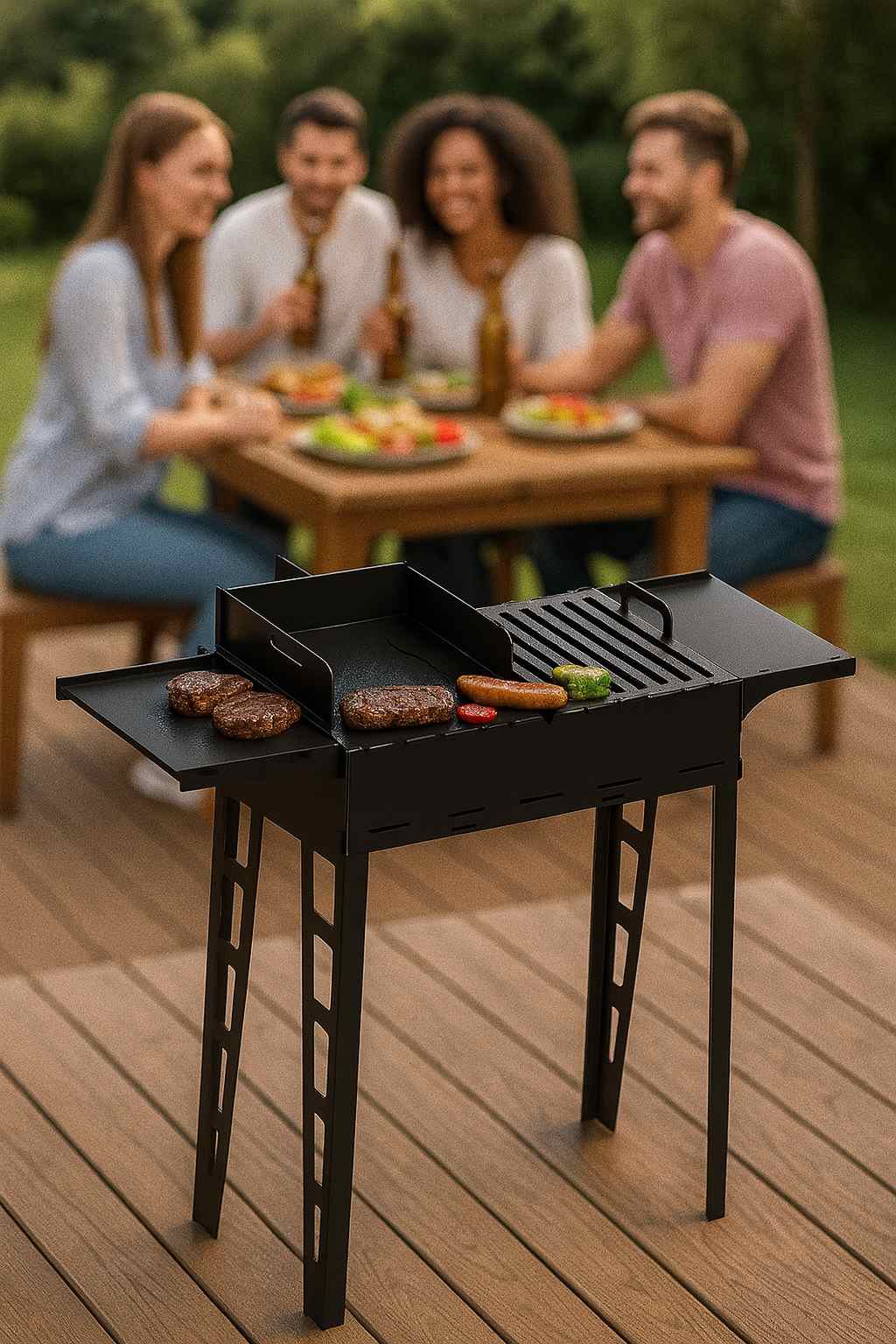 Standgrill aus Stahl mit Grillrost und Grillplatte als Holzkohlegrill für Garten und Terrasse