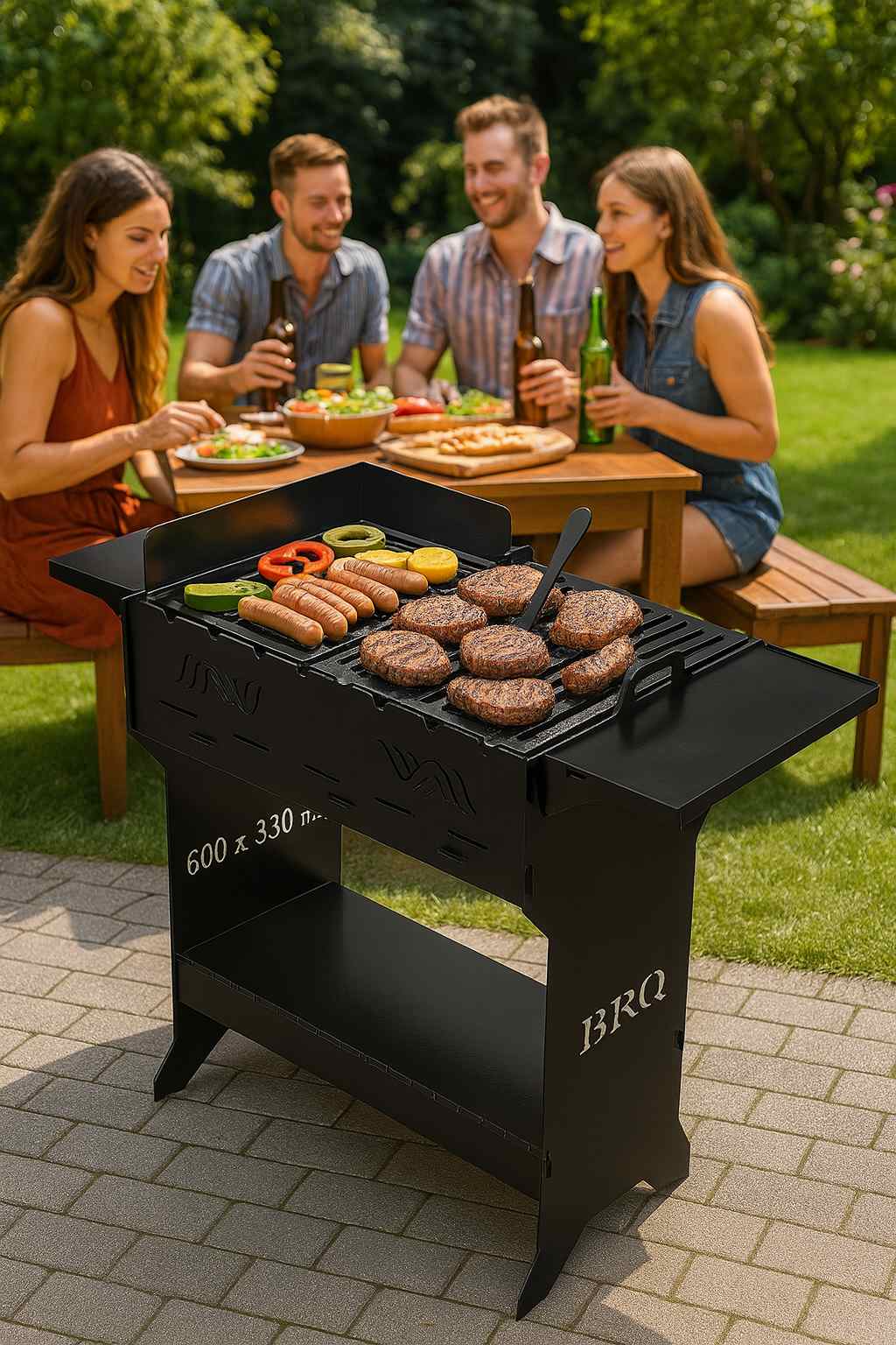 Standgrill mit Anbauten aus Stahl mit Grillrost Grillplatte und Ablagen als Holzkohlegrill für Garten und Terrasse