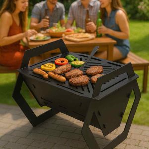 Grill mit sechseckigen Füßen aus Stahl als kompakter Holzkohlegrill für Garten Terrasse oder Camping