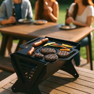 Eleganter Grill V2 aus Stahl als kompakter Holzkohlegrill für Balkon Garten oder Camping