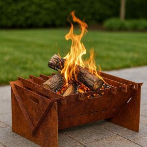 Mobile Feuerschale V2 aus Edelrost Stahl mit Stecksystem und Querriegeln zum Kochen über offenem Feuer im Garten