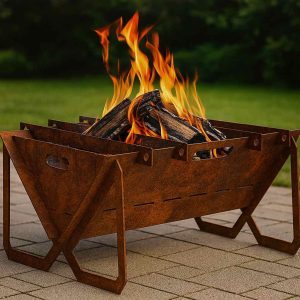 Mobile Feuerschale V3 aus Edelrost Stahl mit Stecksystem und Querriegeln zum Kochen über offenem Feuer im Garten