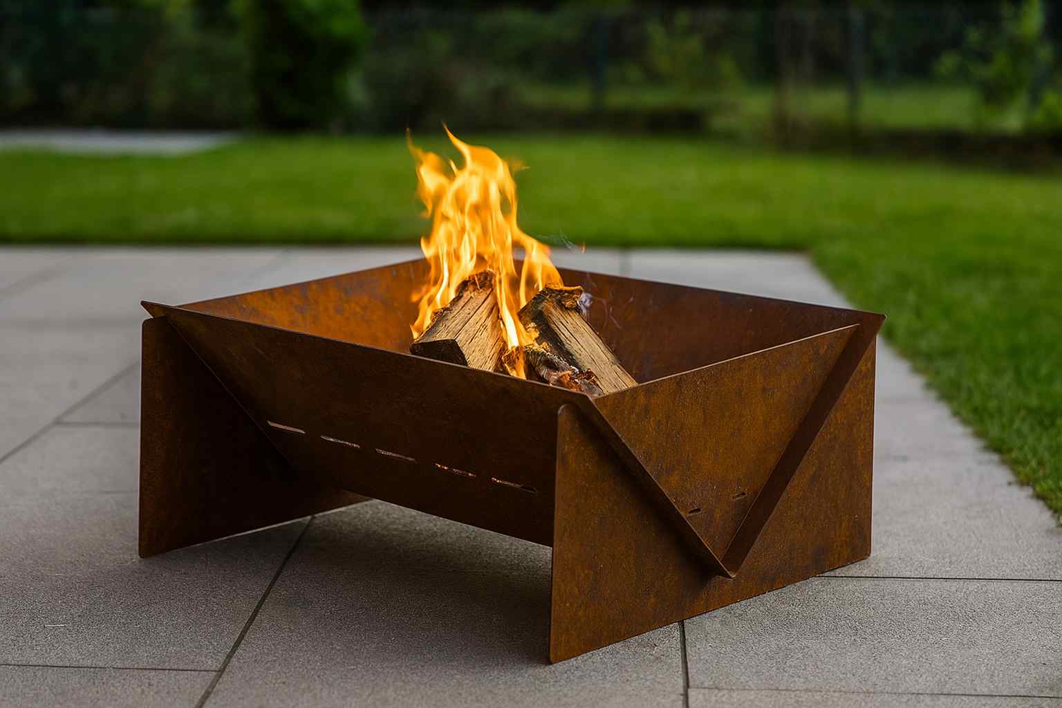Mobile Feuerschale V4 aus Edelrost Stahl mit Stecksystem und brennendem Feuer im Garten