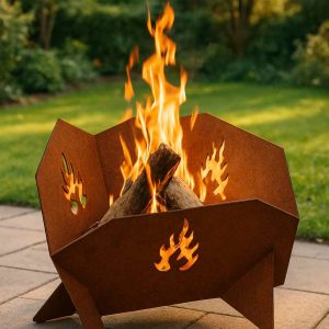 Dreieckige Feuerschale aus Edelrost Stahl mit ausgeschnittenem Flammensymbol und brennendem Feuer im Garten