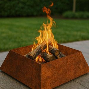 Große quadratische Feuerschale Napf aus Edelrost Stahl mit brennendem Feuer im Garten – massive handgefertigte Feuerstelle 100 cm