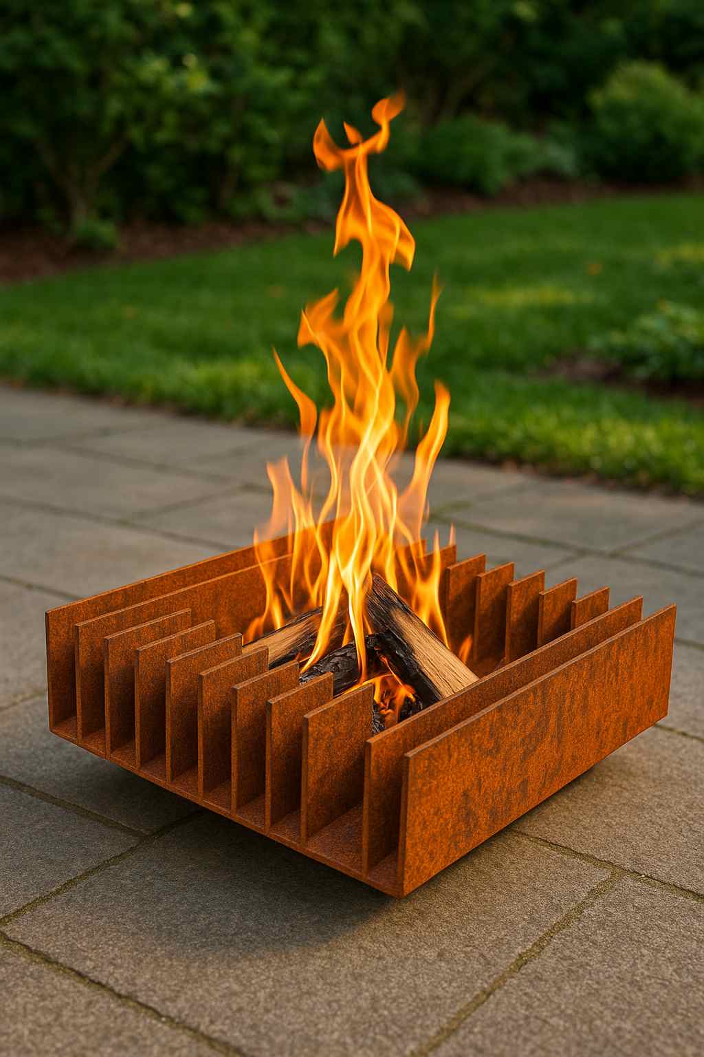 Design Feuerschale Rippen aus Edelrost Stahl mit loderndem Feuer im Garten