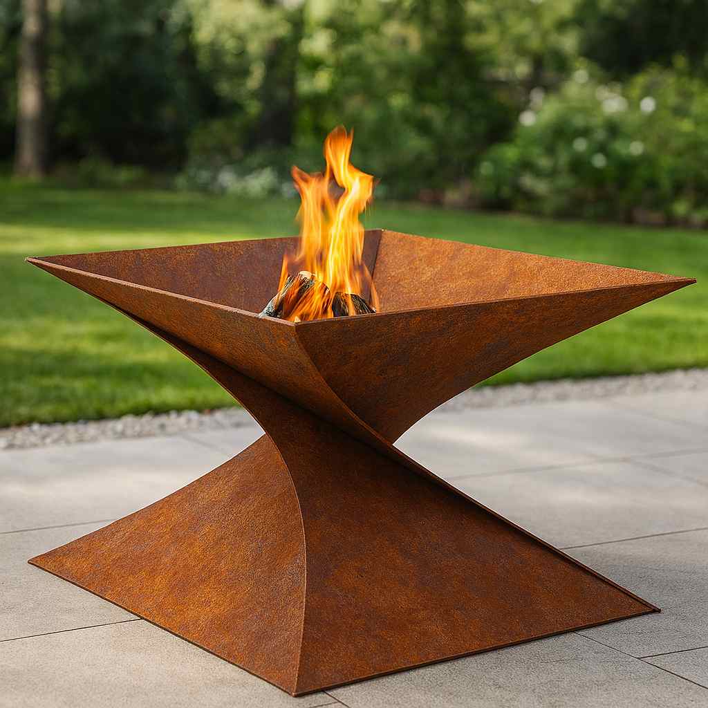 Moderne Feuerschale Twist 2 aus Edelrost Stahl mit verdrehtem Design und brennendem Feuer im Garten