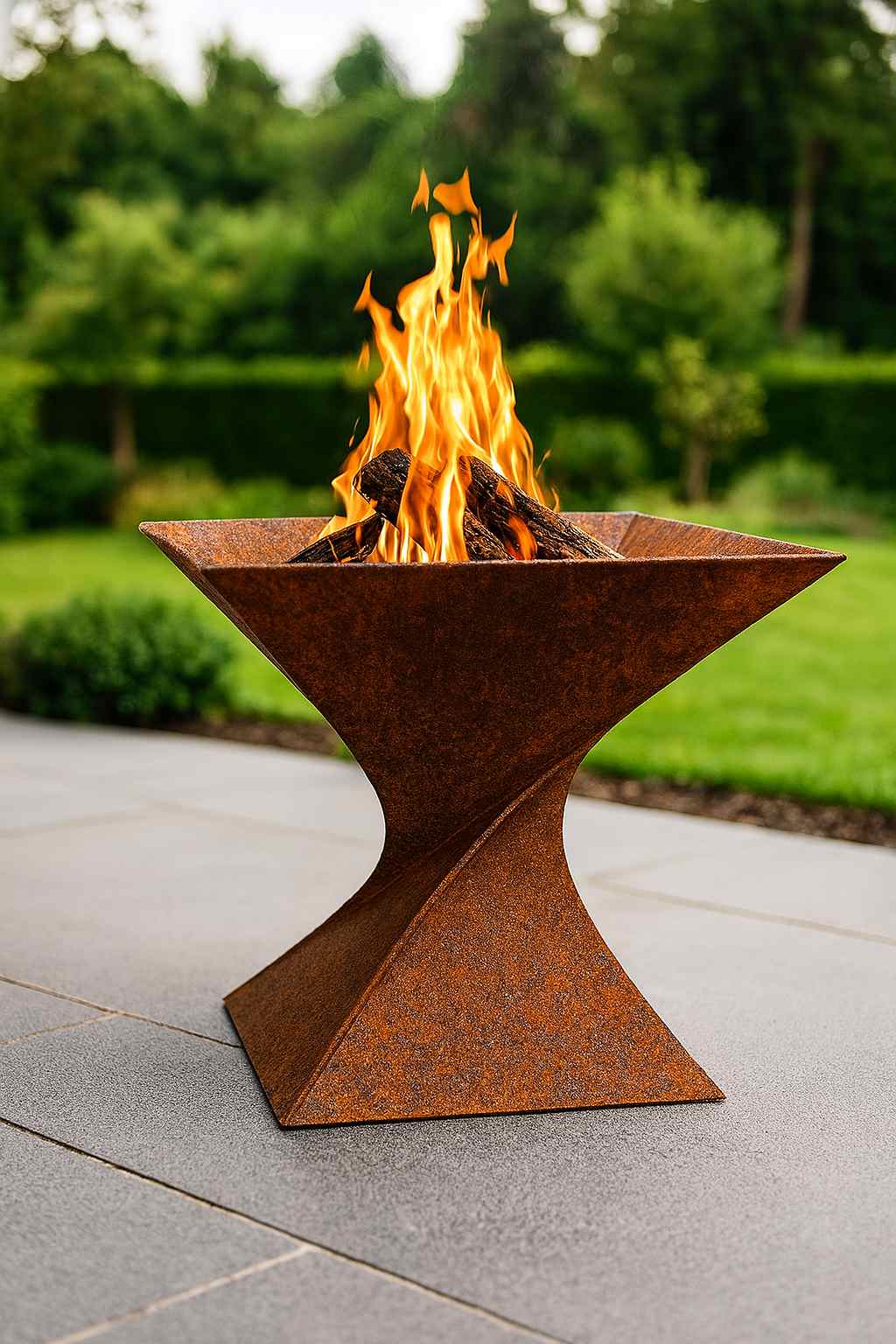 Moderne Feuerschale Twist 3 aus Edelrost Stahl mit gedrehtem Design und brennendem Feuer im Garten